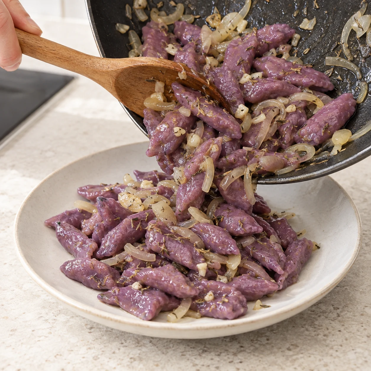 Pâtes violettes courtes versées d’une poêle dans une assiette neutre.