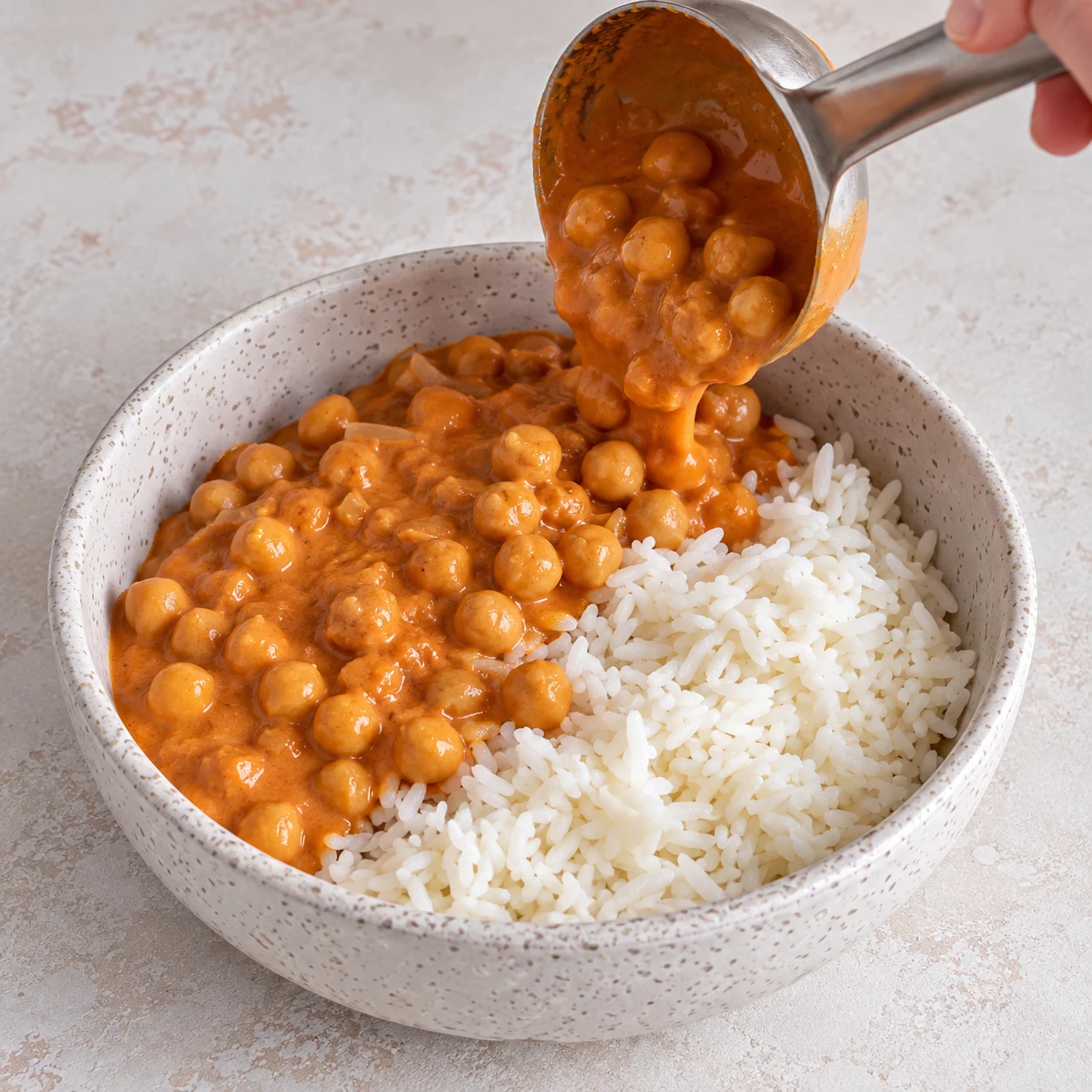 Servez aussitôt les pois chiches et leur sauce à côté du riz. Une seule scène et une seule phase ; ne montrer que les ingrédients autorisés à cette étape.