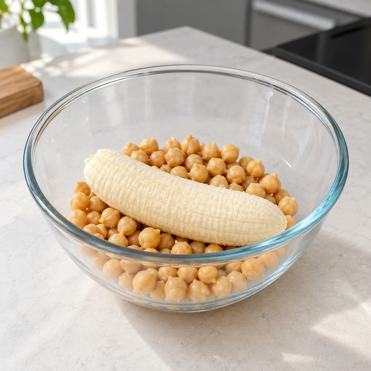 Ajoute la banane pelée aux pois chiches.