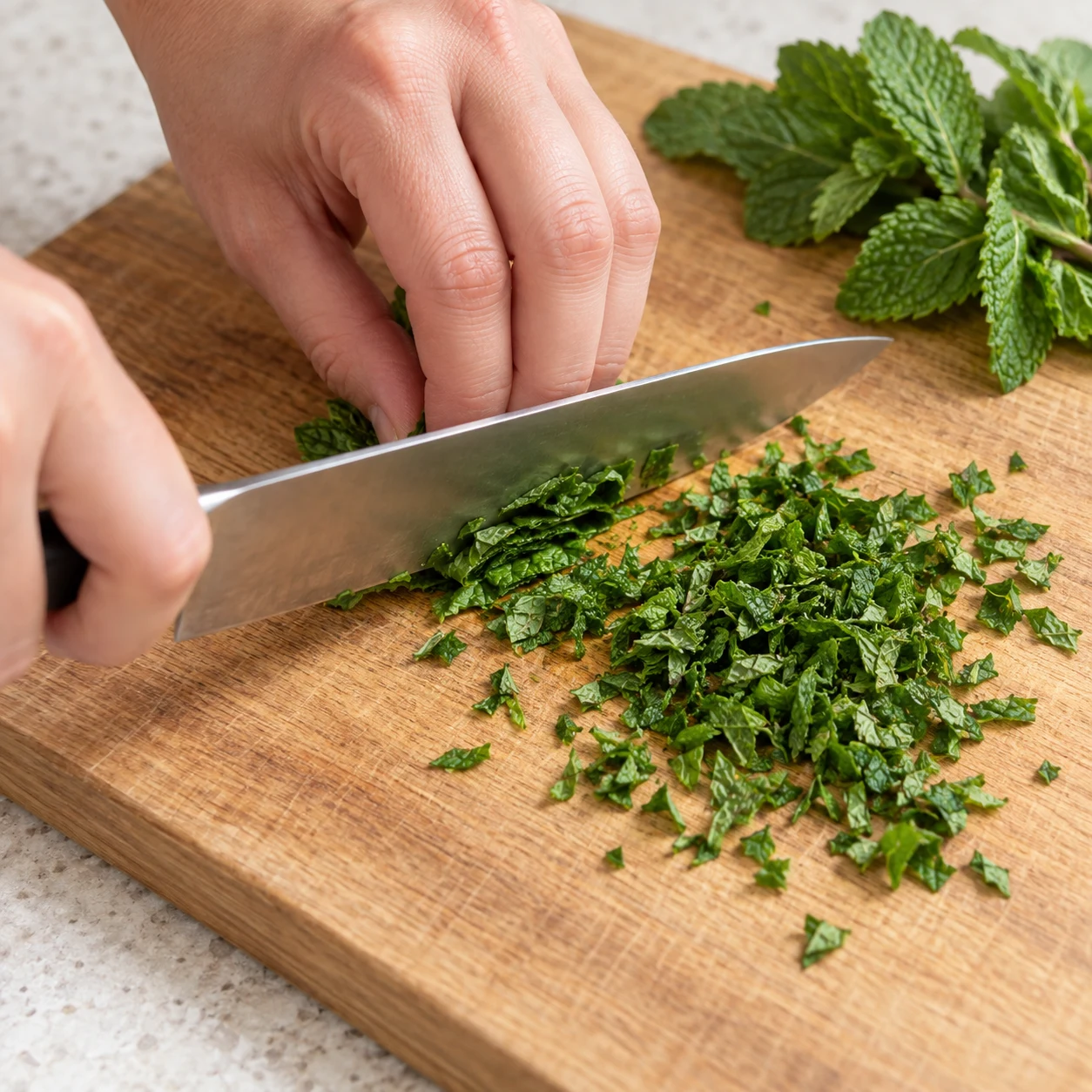 Main anonyme tenant la menthe en griffe sur une planche stable, couteau en train de ciseler finement les feuilles.