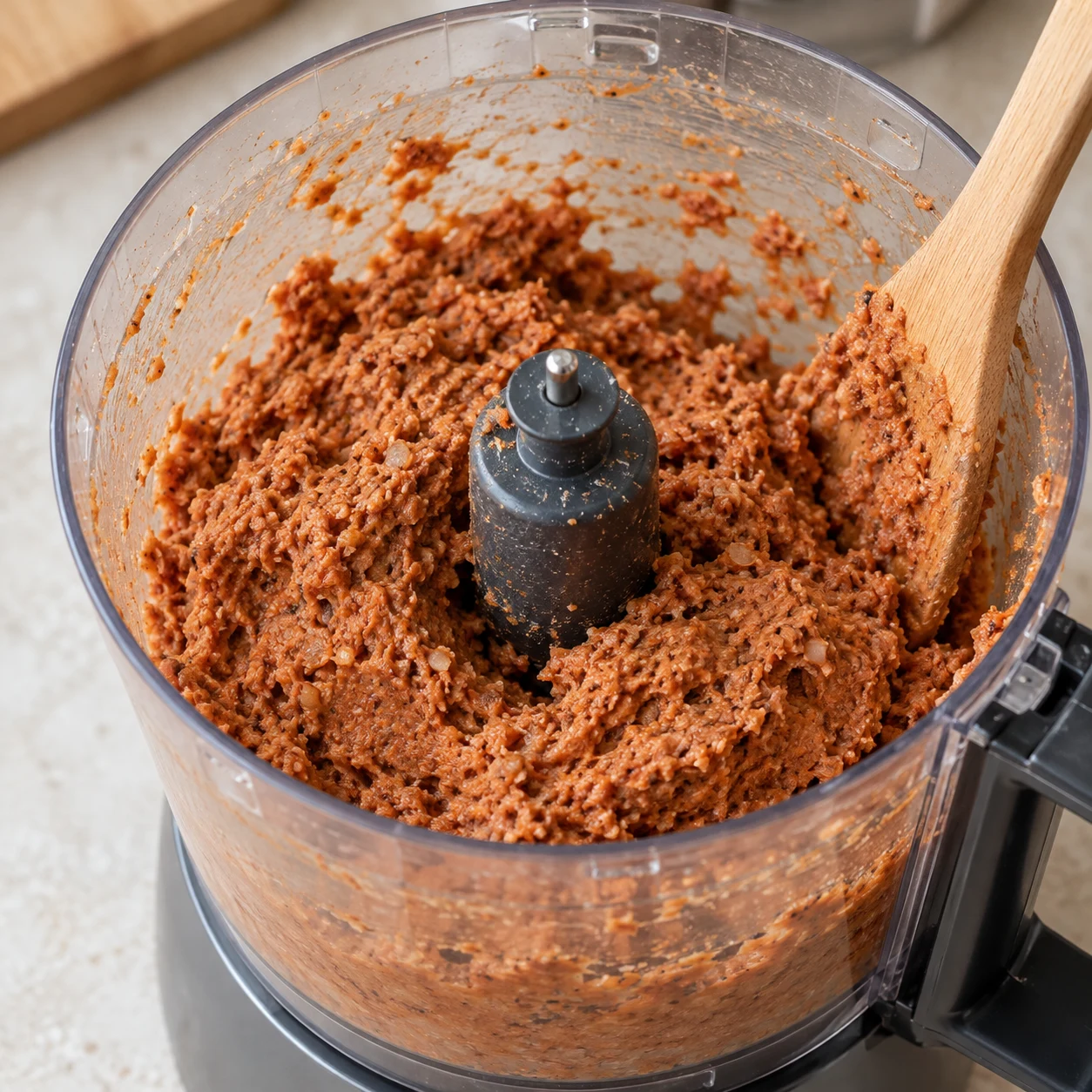 Pâte de haché de soja rouge brun, avec farine incorporée, sans tofu ni grains de PST secs.