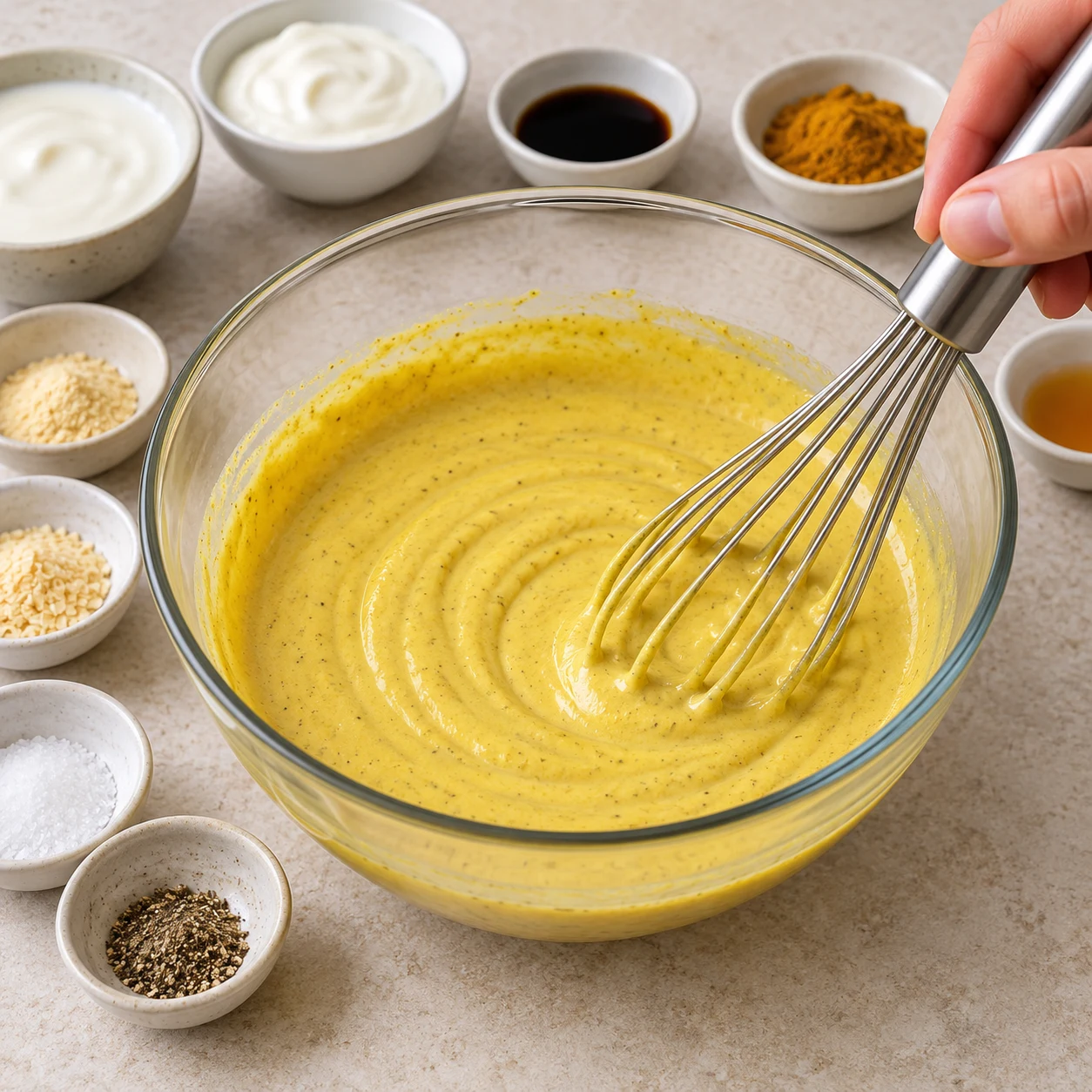 Fouet dans une sauce curry jaune crémeuse seule, saladier neutre ; aucun morceau ni carotte.