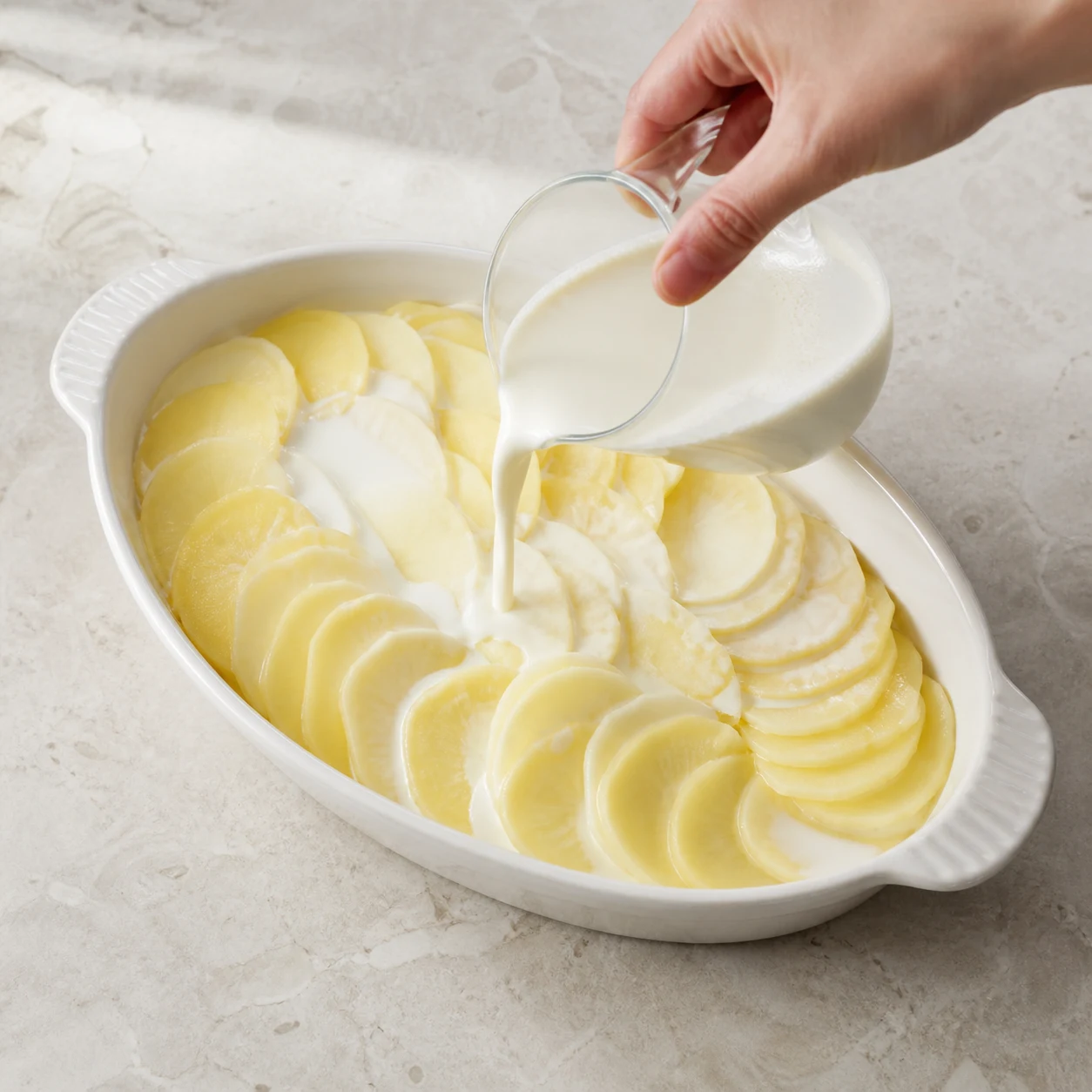 Couches de fines pommes de terre dans un plat à gratin, nappées de crème blanche.