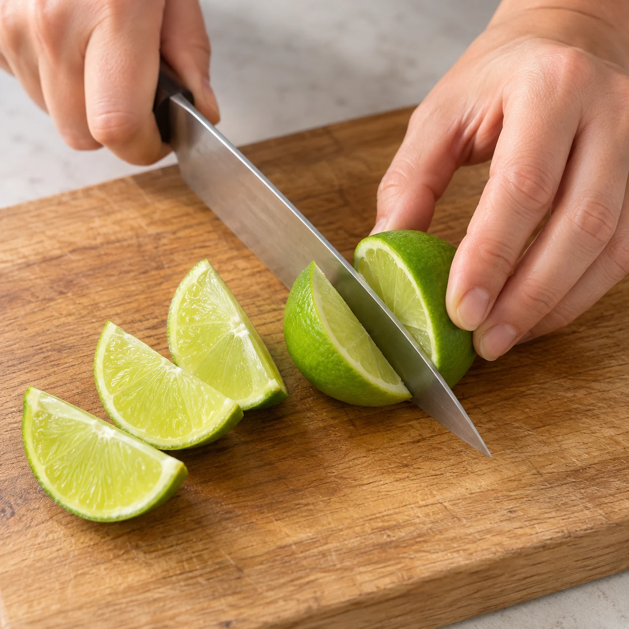 Couper le citron vert. Lave le citron vert puis coupe-le en quartiers pour le service. Résultat : Les quartiers de citron sont prêts à être pressés.. Uniquement : Citron vert frais. Aucun ingrédient futur.
