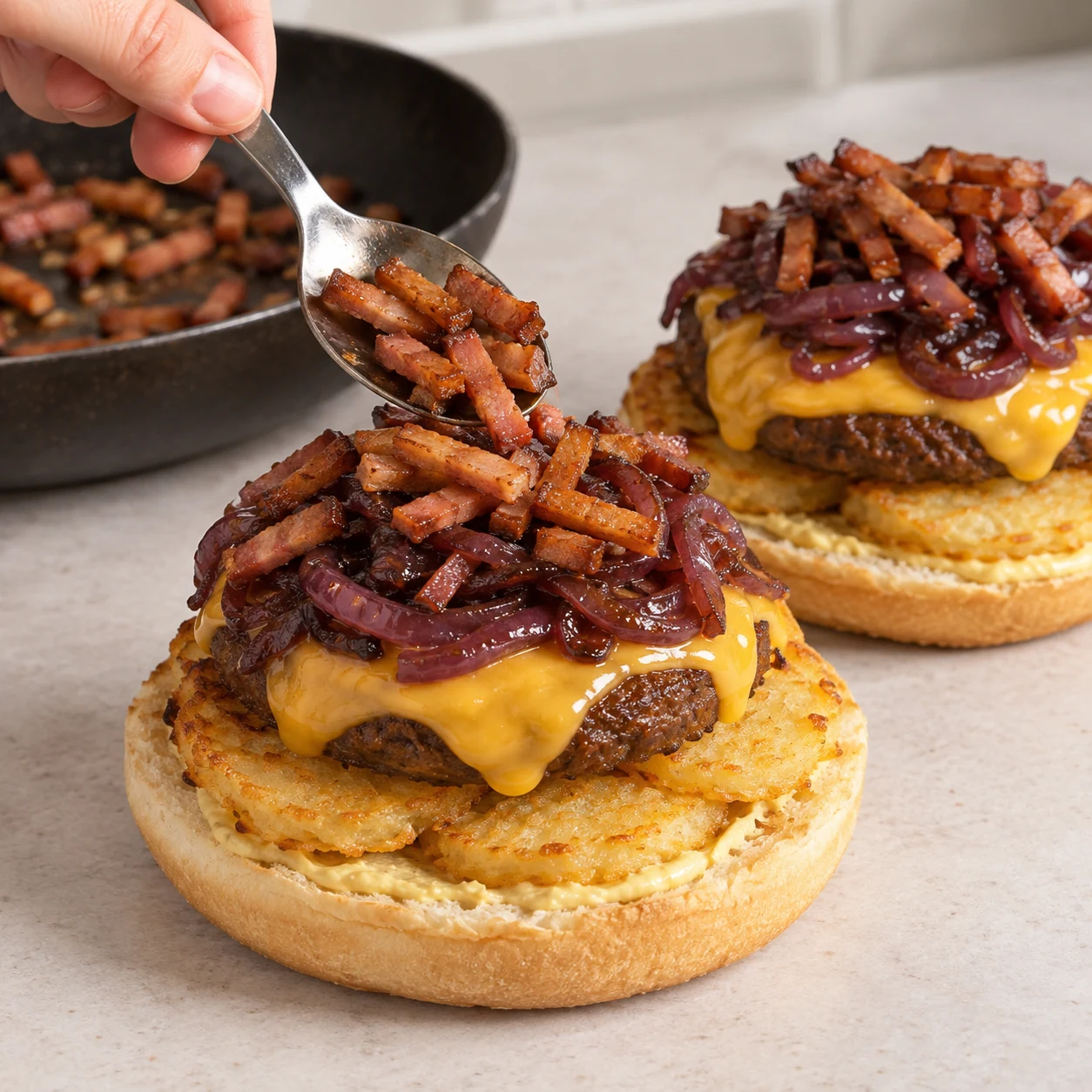 Petites allumettes végétales fumées dorées au sommet du burger encore ouvert, sans grandes tranches de tofu.