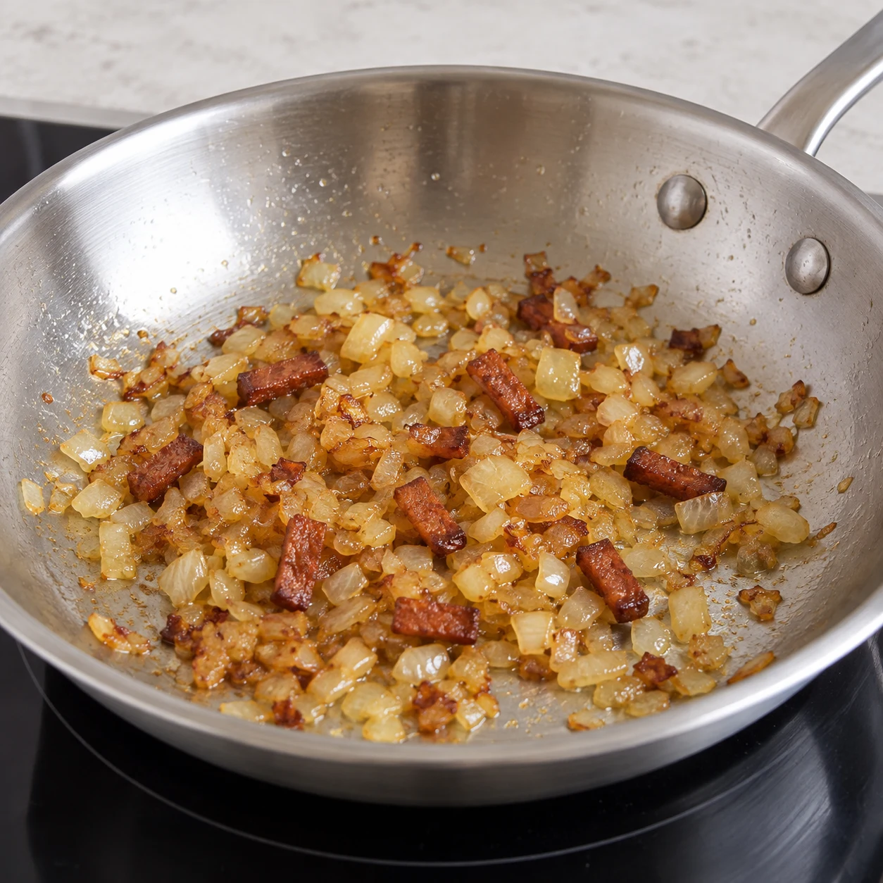 Poêle avec petits lardons fumés et oignon brun.
