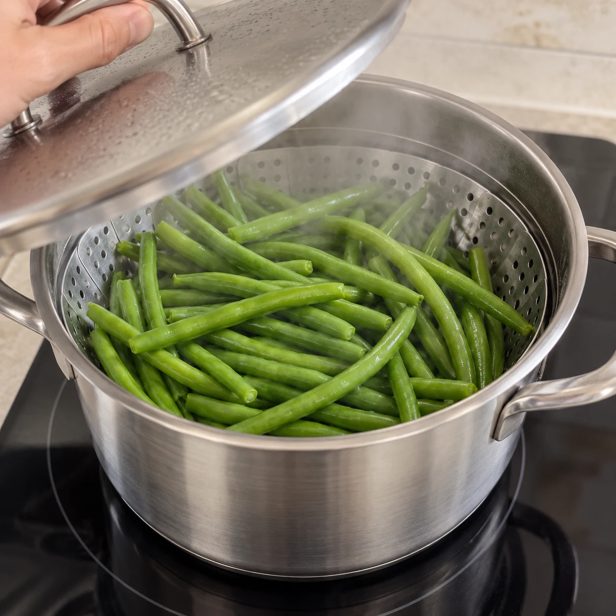 Les haricots verts sont tendres et égouttés.