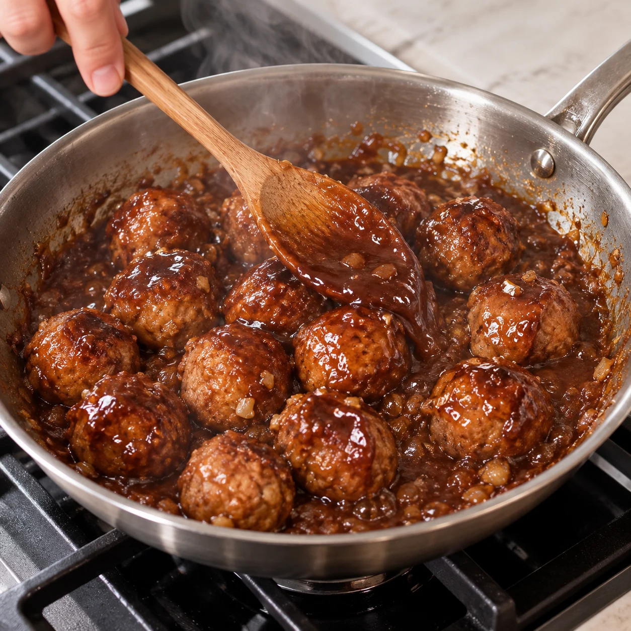 Versez la sauce sur les boulettes dorées et remuez dans la poêle jusqu’à épaississement.