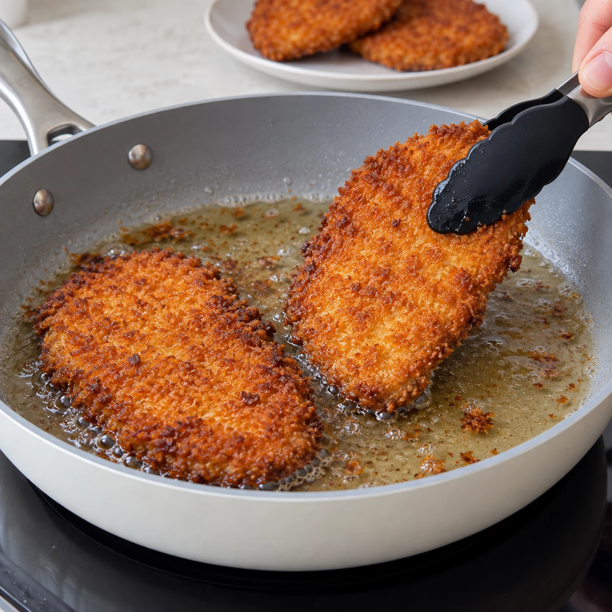 Dorer les steaks végétaux. Fais dorer les steaks panés à la poêle dans un peu d’huile neutre, en les retournant pour colorer les deux faces. Suis aussi la cuisson à cœur indiquée sur l’emballage du produit végétal. Réserve-les sur une assiette. Résultat : Les deux faces sont dorées et la panure est croustillante.. Uniquement : Steaks végétaux de protéines de pois et fèveroles, Farine de blé T55, Eau pour la pâte de panure, Chapelure de pain, Huile de tournesol. Aucun ingrédient futur. Steaks végétaux : intérieur brun de protéines de pois et fèveroles, jamais de chair blanche ou de tofu.