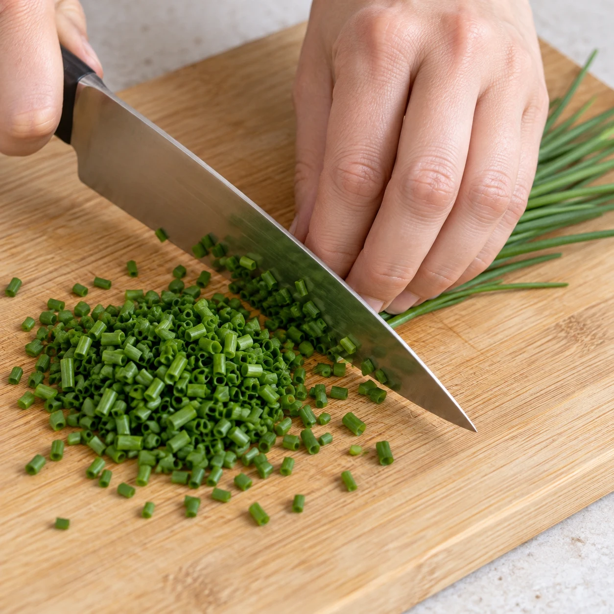 Ciboulette fraîche ciselée sur une planche, petits tronçons verts.