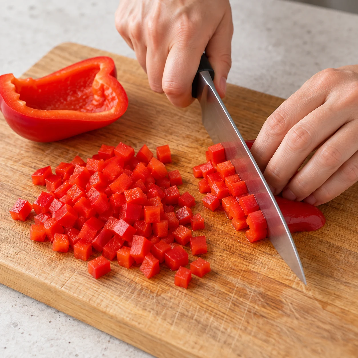 Couper le poivron : Le demi-poivron est en petits dés rouges sans graines. Montrer seulement les ingrédients présents à ce stade, mains adultes anonymes si le geste le nécessite.