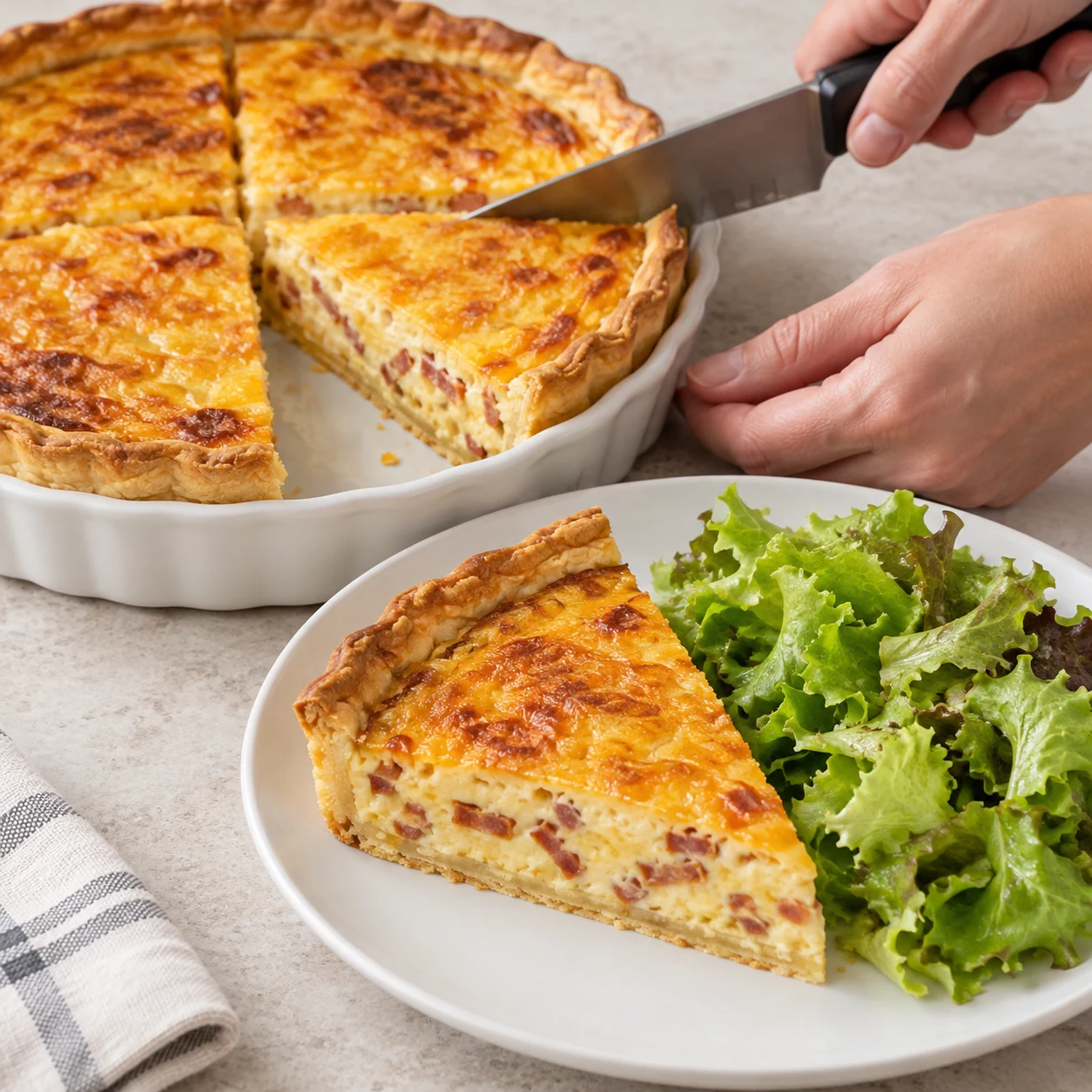 Une part de quiche végétale à la liaison ivoire et aux lardons végétaux, accompagnée de salade verte.