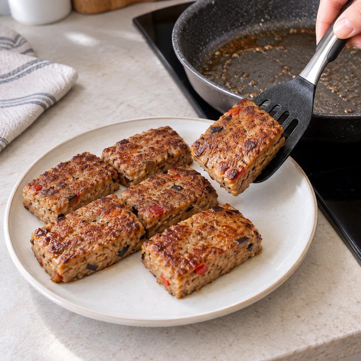 Spatule déposant un carré de seitan brun clair sur une assiette contenant cinq autres carrés.