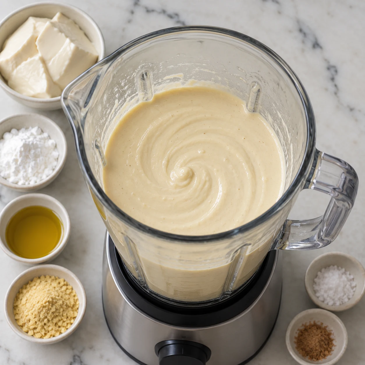 Bol d’appareil végétal beige clair lisse mixé au tofu, aucun œuf ni grain de cottage cheese.