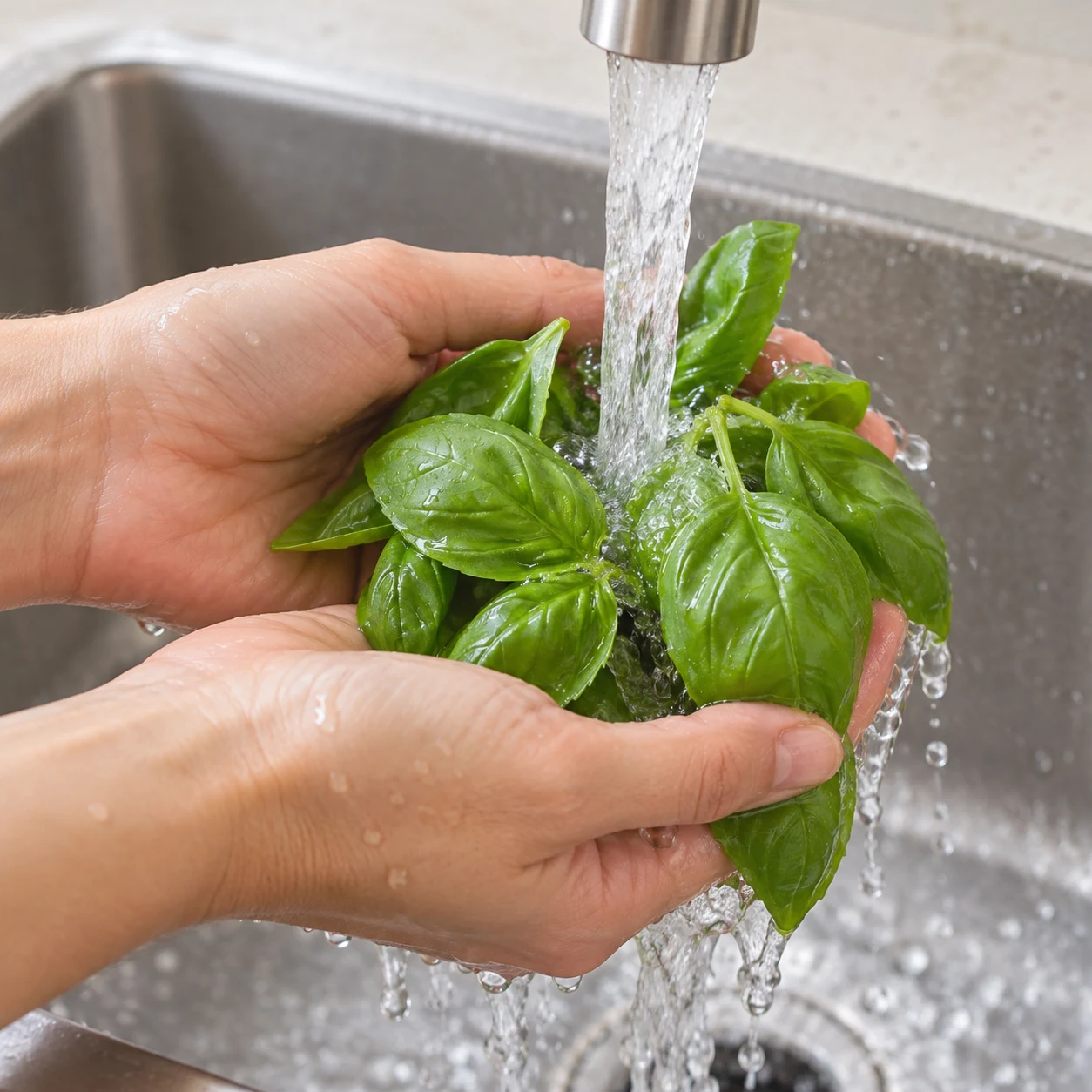 Lavez le basilic frais sous l’eau courante. Montrer cette seule action et le résultat décrit, sans texte.