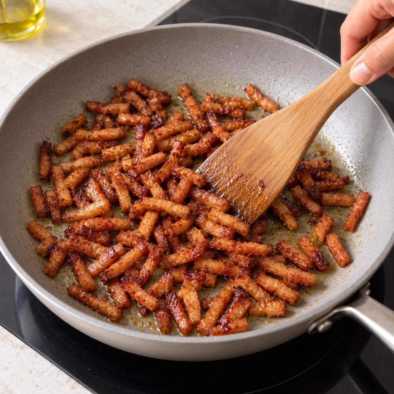 Allumettes végétales fumées de soja, brun rouge, poêlées avec une pellicule d’huile ; spatule dans une poêle neutre, aucun tofu ni poisson.