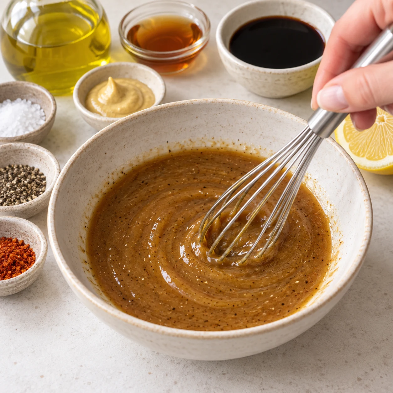Petit fouet mélangeant une vinaigrette épaisse fluide beige-brun homogène dans un bol, aucune salade.