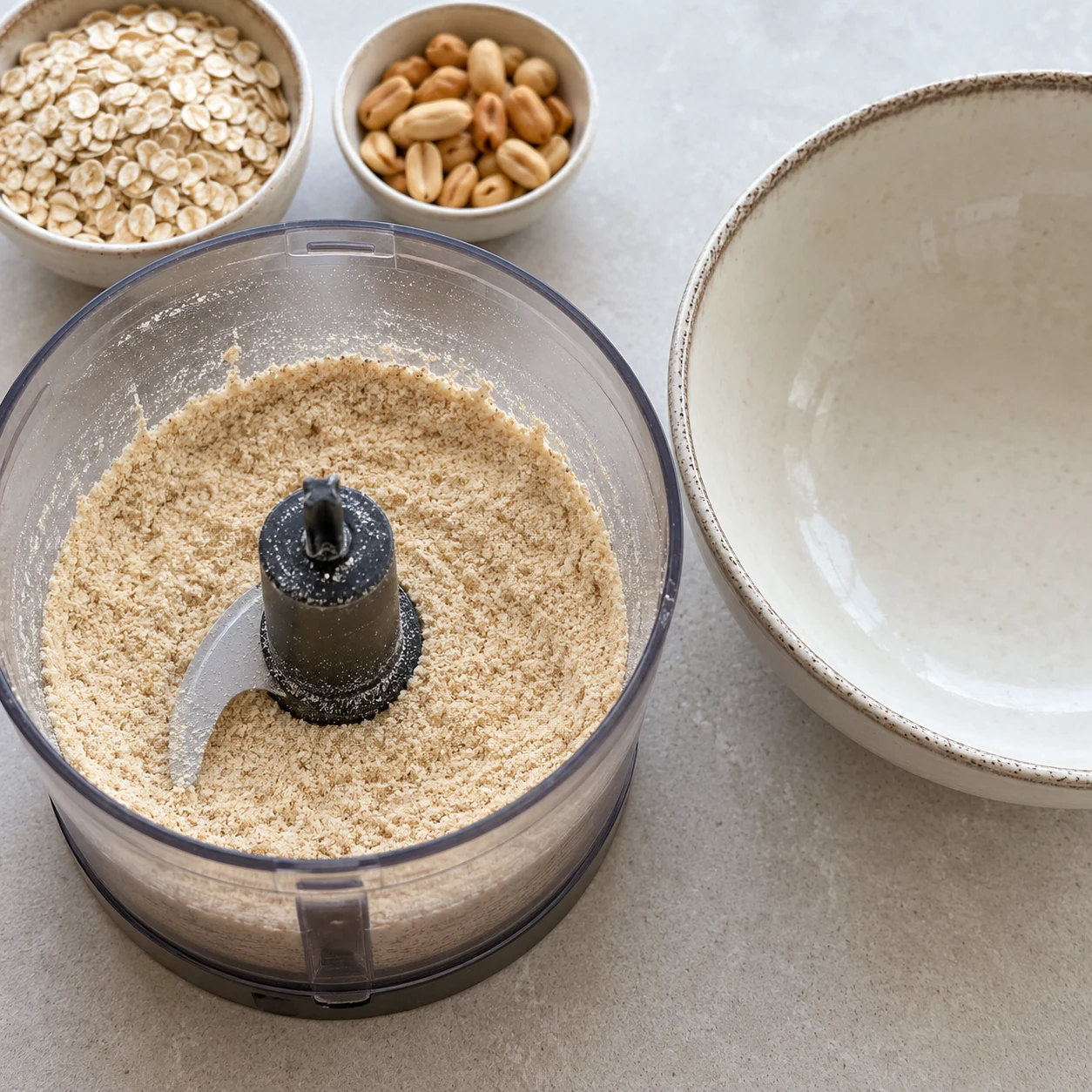 Bol de mixeur contenant une poudre beige fine de flocons d'avoine et de cacahuètes grillées mixés, à côté d'un saladier en céramique claire.