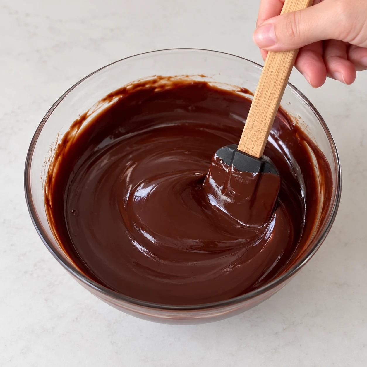 Mélange doucement à la spatule jusqu’à obtenir une ganache homogène, lisse et brillante. Résultat à montrer : La ganache est lisse et brillante, sans morceau de chocolat.