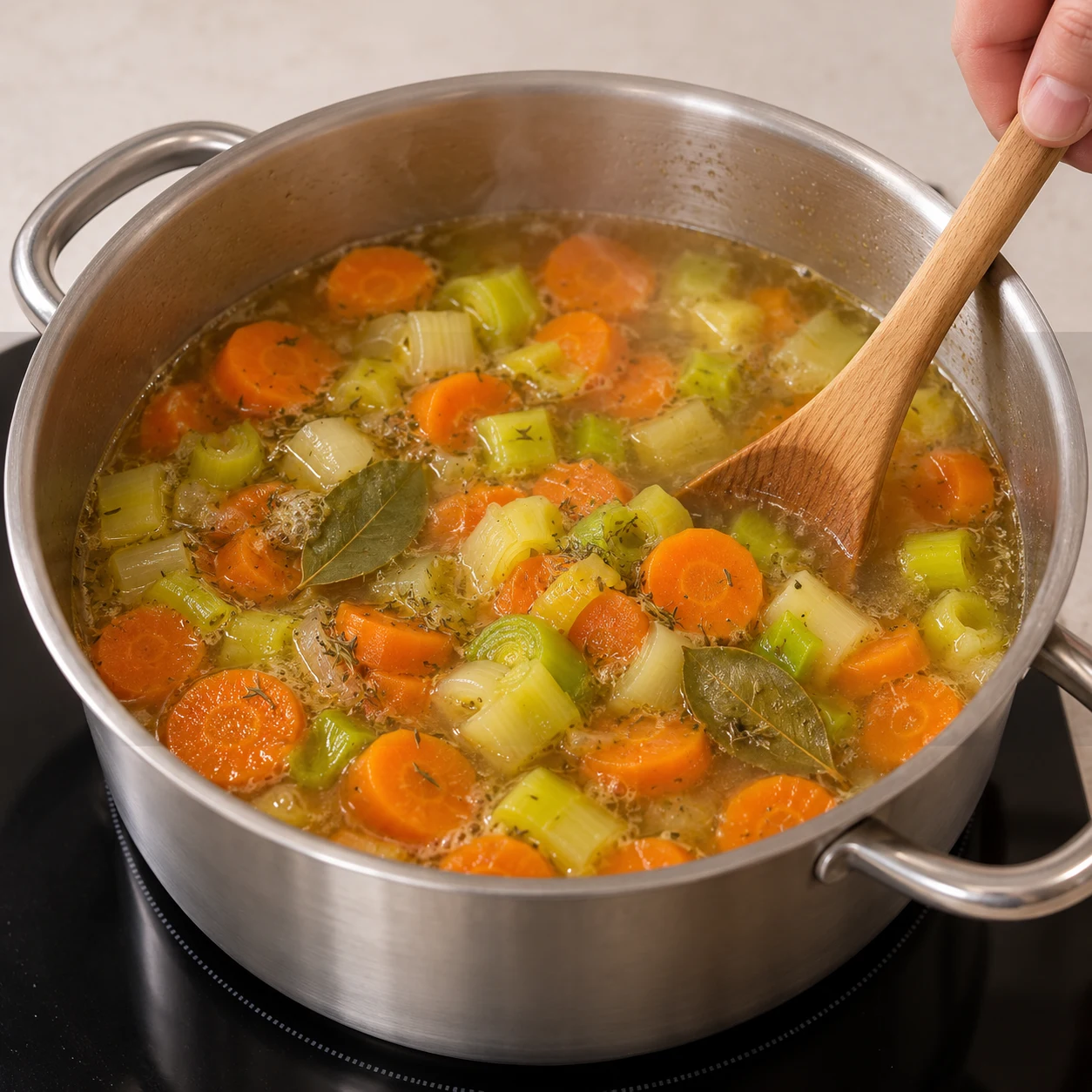Cocotte en inox remplie de rondelles de carotte et de tronçons de poireau dans un bouillon doré, cuillère en bois qui remue.