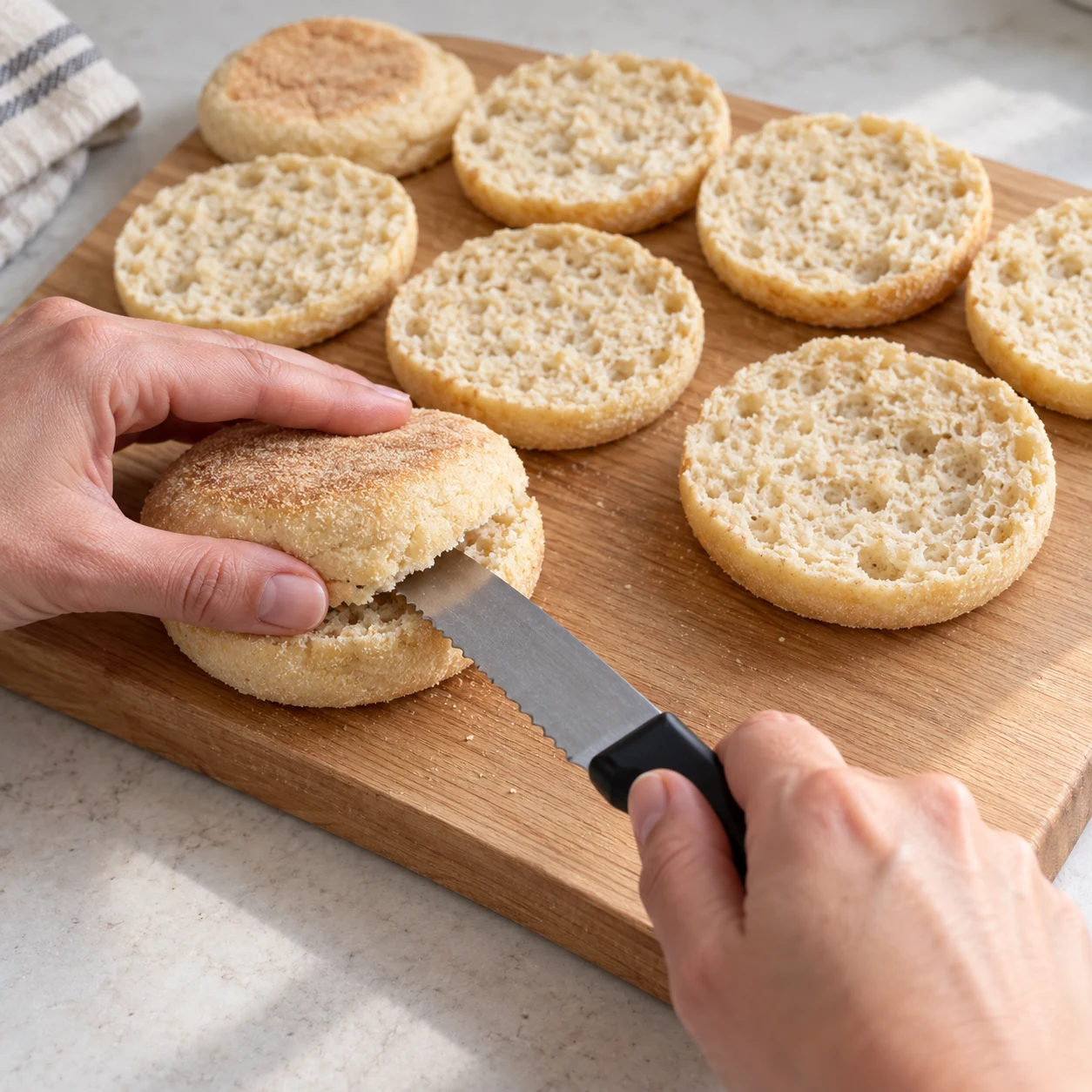 Muffin anglais de boulangerie ouvert sur une planche, couteau à pain tenu sûrement, mains adultes anonymes.