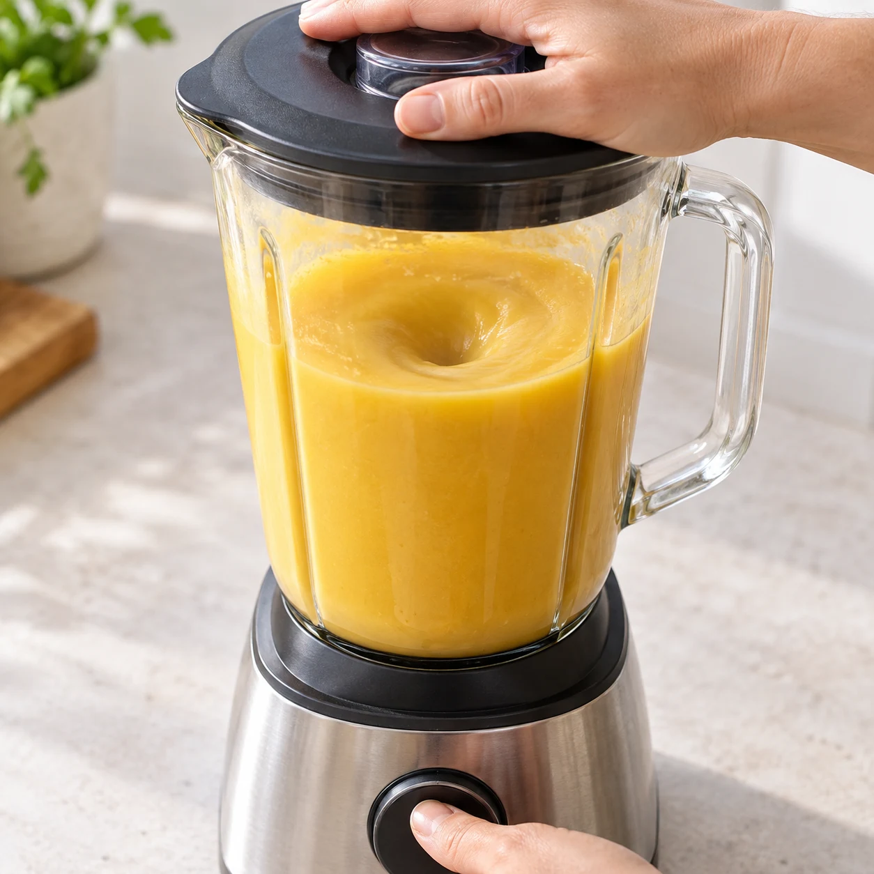 Blender fermé sans marque contenant une sauce jaune orangé lisse et fluide, mains anonymes uniquement.