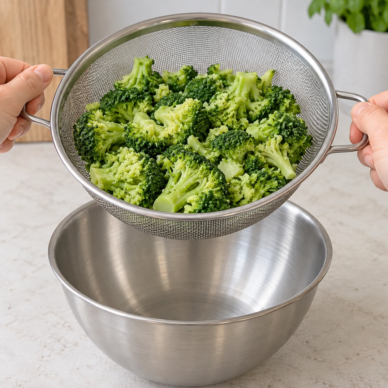 Passoire contenant uniquement du brocoli cuit égoutté au-dessus d’un récipient neutre.