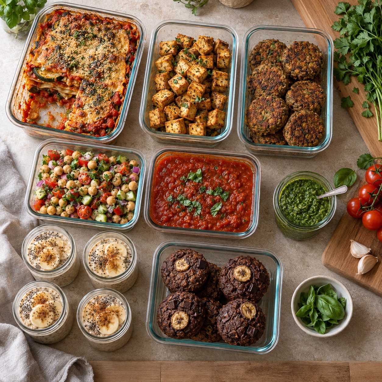 Préparations de batch cooking vegan dans des plats en verre : lasagnes, tofu rôti, galettes de lentilles, salade de pois chiches, sauce tomate, pesto, avoine et muffins