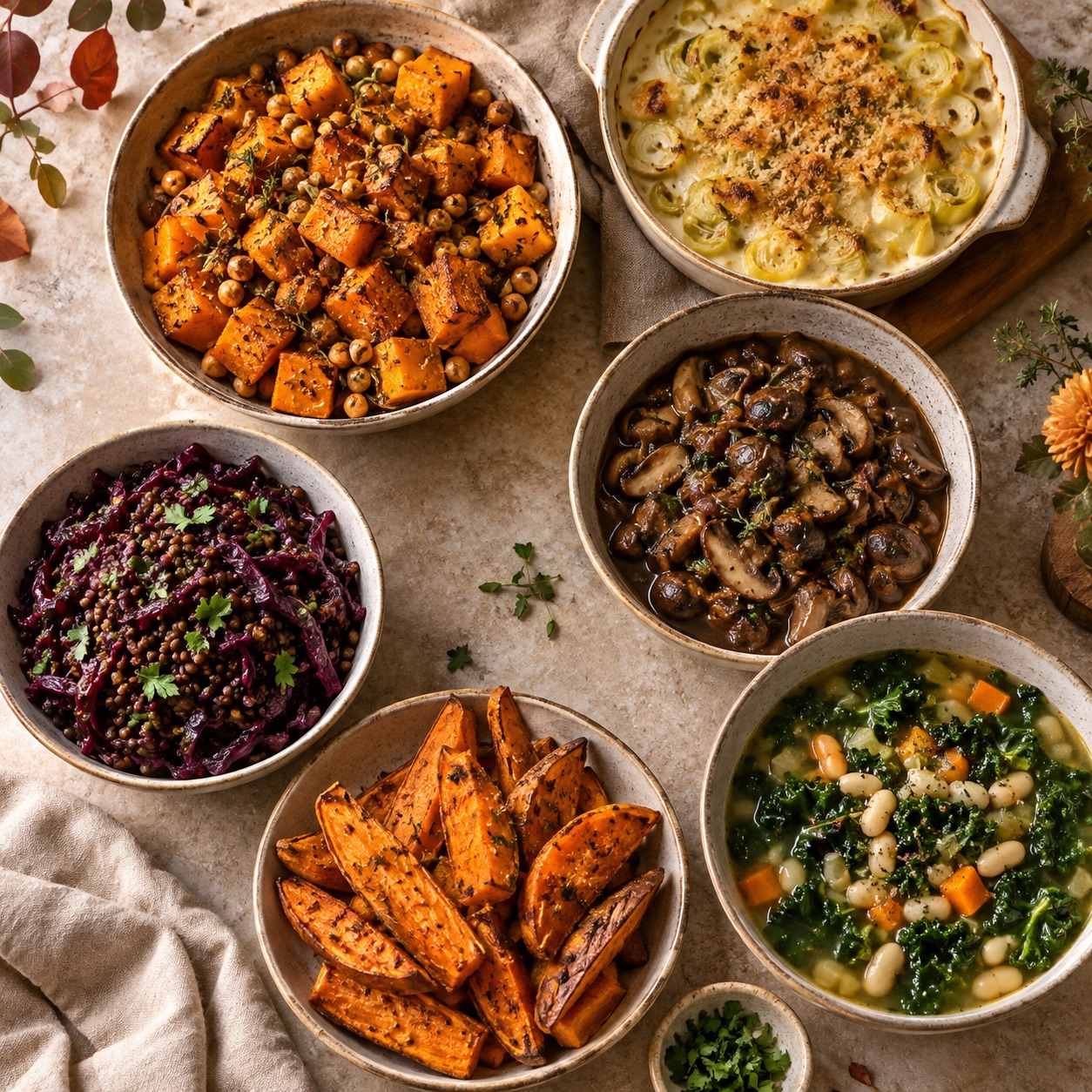 Six plats vegan d’automne avec courge rôtie, gratin de poireaux, champignons, lentilles au chou rouge, patates douces et soupe de kale