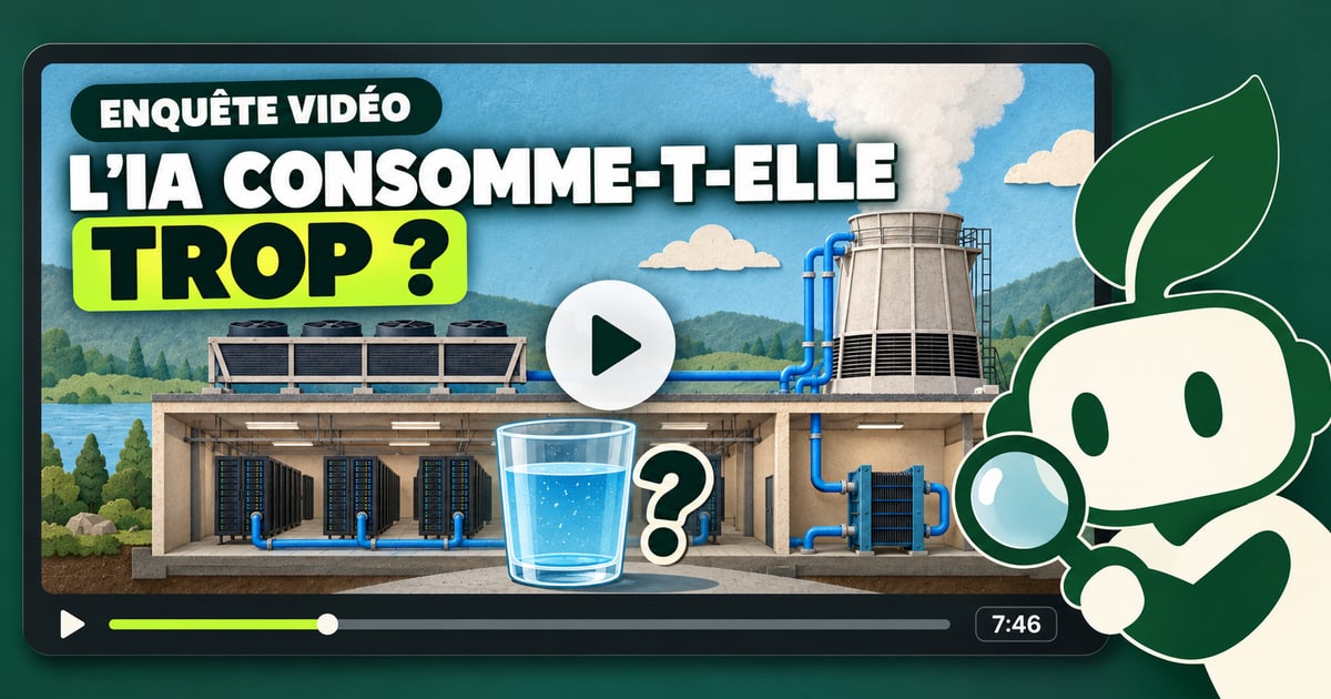 Vignette de l’enquête vidéo « L’IA consomme-t-elle trop ? » : un lecteur vidéo montrant un centre de données refroidi à l’eau et un verre d’eau, avec la mascotte AgentVegan qui enquête à la loupe