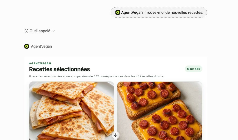 Dans ChatGPT, la demande Trouve-moi de nouvelles recettes appelle l’app MCP AgentVegan, qui affiche six recettes sélectionnées avec leurs photos.