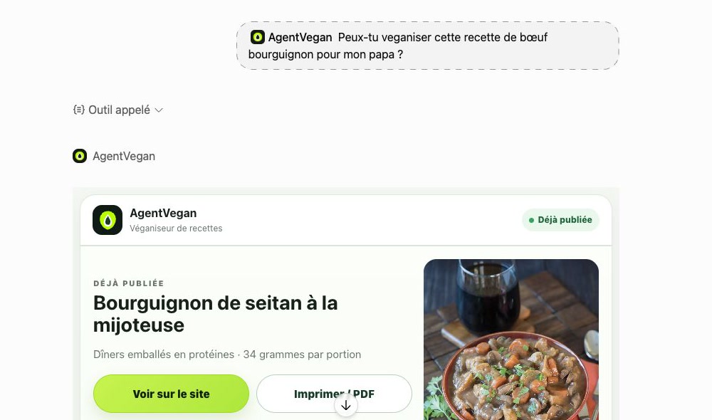 Dans ChatGPT, la demande de veganiser un bœuf bourguignon appelle le Veganiseur AgentVegan et affiche un bourguignon de seitan.